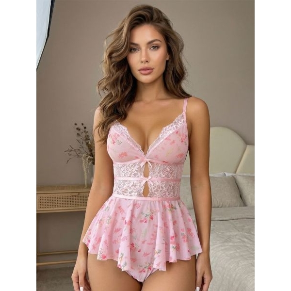 Fancyra Women Lace Floral Printed Hot Babydoll Lingerie Nighty - Image 2