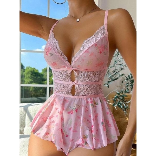 Fancyra Women Lace Floral Printed Hot Babydoll Lingerie Nighty - Image 3