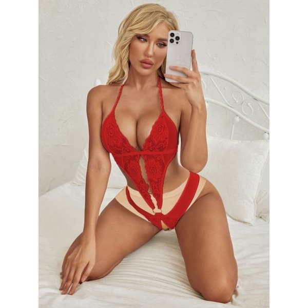 Fancyra Women Lace Halter Neck Open Crotch Hot Bodysuit Lingerie - Image 2