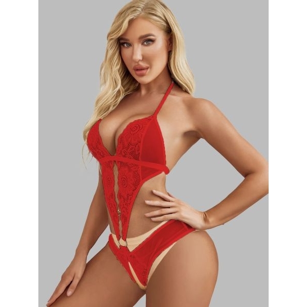 Fancyra Women Lace Halter Neck Open Crotch Hot Bodysuit Lingerie - Image 4