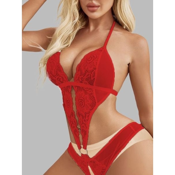 Fancyra Women Lace Halter Neck Open Crotch Hot Bodysuit Lingerie - Image 5