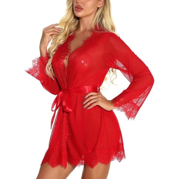 Fancyra Women Lace Kimono Robe Hot See Through Babydoll Mesh Cover Up Bridal Lingerie - Image 2