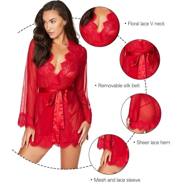 Fancyra Women Lace Kimono Robe Hot See Through Babydoll Mesh Cover Up Bridal Lingerie - Image 3