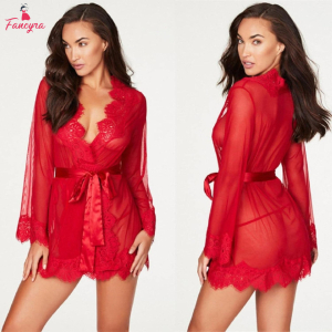 Fancyra Women Lace Kimono Robe Hot See Through Babydoll Mesh Cover Up Bridal Lingerie