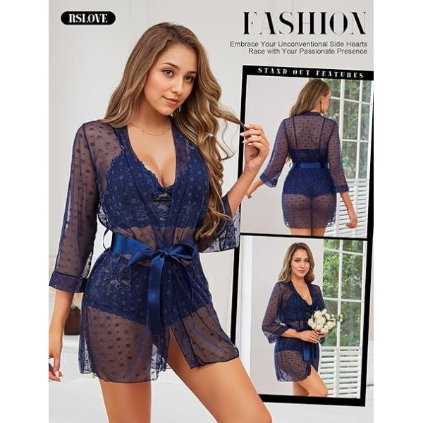 Fancyra Women Lace Kimono Robe See Through Sleepwear Nightwear - Image 3