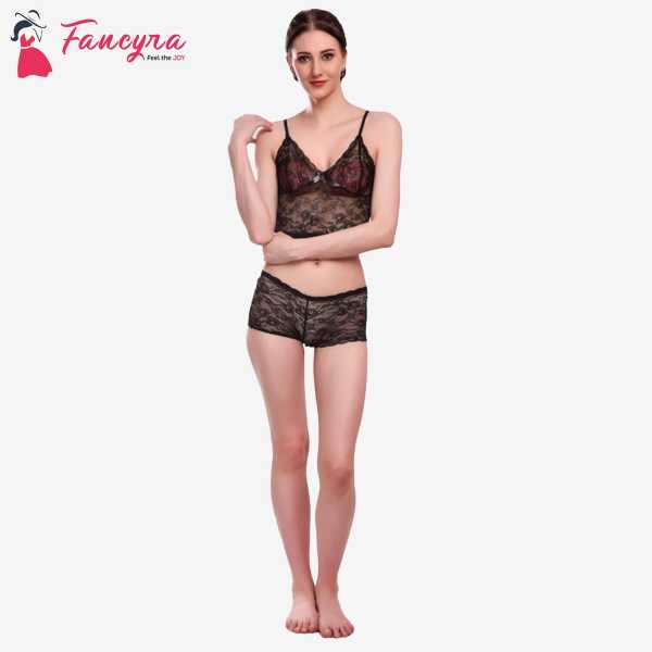 Fancyra Women Lace Lingerie Bra Panty Set Free Size Black Color