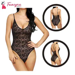 Fancyra Women Lace Lingerie Set Sheer Babydoll Night Suit Free Size Black Color