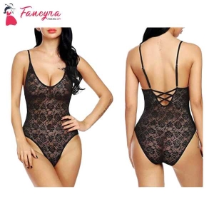 Fancyra Women Lace Lingerie Set Sheer Babydoll Night Suit Free Size Black Color