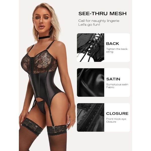 Fancyra Women Lace Lingerie Set with Garter Belt Bodysuit Teddy and Panty - Image 5