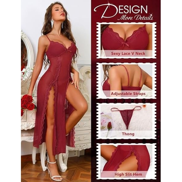 Fancyra Women Lace Mesh Long Chemise Sleepwear V Neck Side Slit Babydoll Lingerie - Image 2