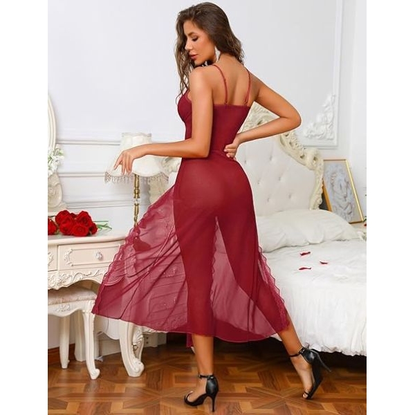 Fancyra Women Lace Mesh Long Chemise Sleepwear V Neck Side Slit Babydoll Lingerie - Image 3