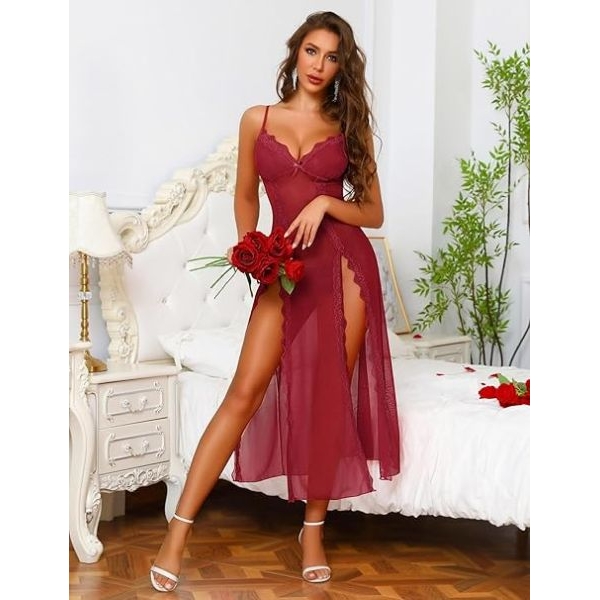 Fancyra Women Lace Mesh Long Chemise Sleepwear V Neck Side Slit Babydoll Lingerie - Image 5