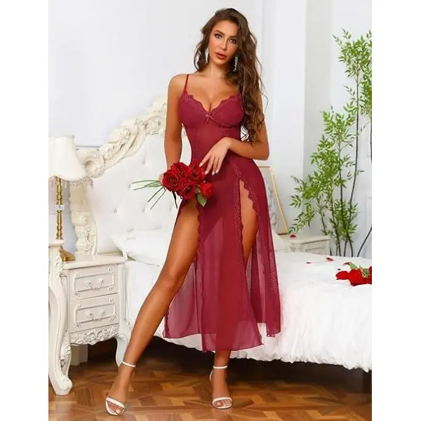 Fancyra Women Lace Mesh Long Chemise Sleepwear V Neck Side Slit Babydoll Lingerie - Image 5