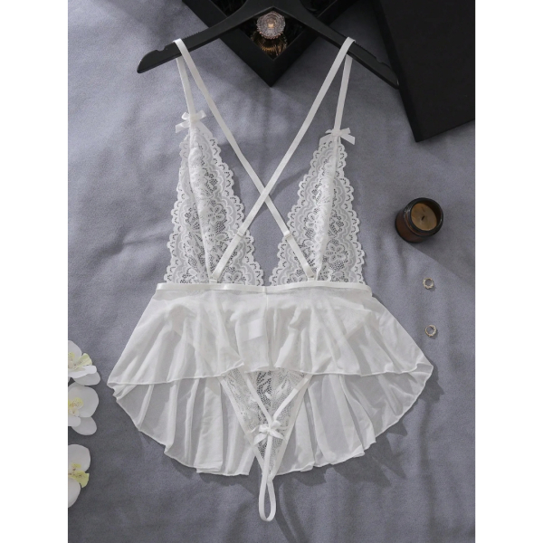 Fancyra Women Lace Mesh Plunging Teddy Floral Babydoll Bodysuit Lingerie - Image 4