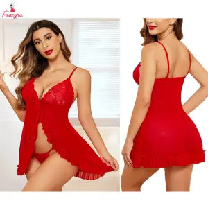Fancyra Women Lace & Net Floral Above knee Babydoll Lingerie Nighty