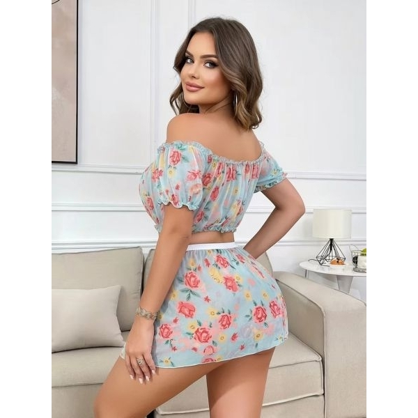 Fancyra Women Lace Net Floral Print Cute Off Shoulder Top and Skirt Lingerie Set - Image 3