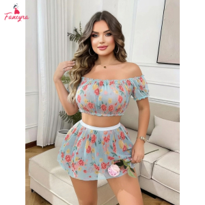 Fancyra Women Lace Net Floral Print Cute Off Shoulder Top and Skirt Lingerie Set