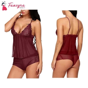 Fancyra Women Lace Net Lingerie Pajama Set Nightwear Dress Free Size Maroon Color