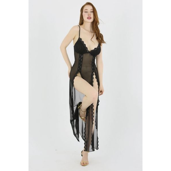 Fancyra Women Lace Soft Net Mesh Long Side Slit Babydoll Lingerie - Image 2