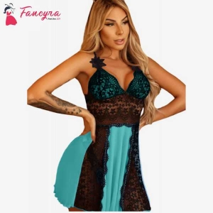 Fancyra Women Lace Splicing Sling Nightdress Mesh See Through Nightgown