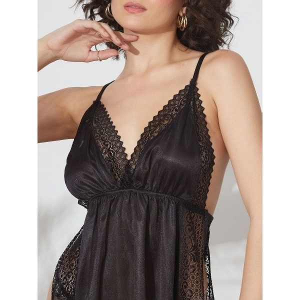 Fancyra Women Lace Trim Satin Side Slit Chemise Babydoll Lingerie - Image 4