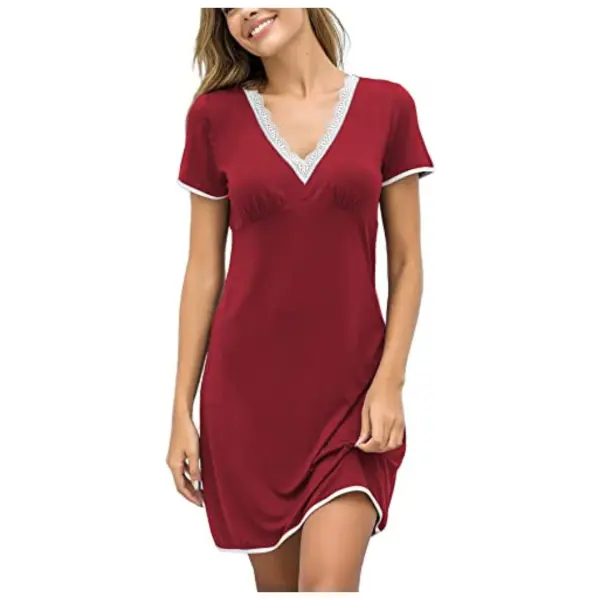 Fancyra Women Lace Trim V Neck Short Sleeve Night Sleepwear Soft Nightshirt - Image 4