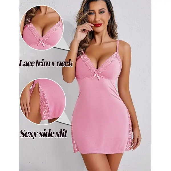 Fancyra Women Lace Trim V Neck Side Slit Babydoll Lingerie Pink - Image 2