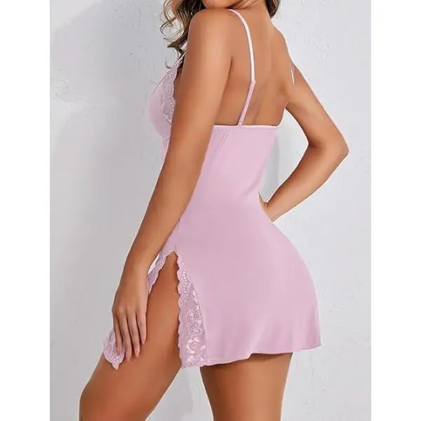 Fancyra Women Lace Trim V Neck Side Slit Babydoll Lingerie Pink - Image 5