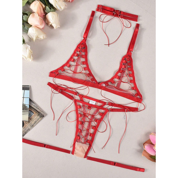 Fancyra Women Lace-Up Strappy Lingerie Set with Choker & Thigh Straps - Image 3