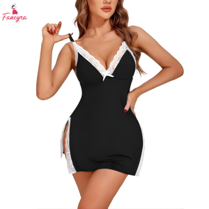 Fancyra Women Lace V Neck Side Slit Chemise Babydoll Lingerie Black