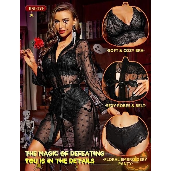 Fancyra Women Lingerie 3 Piece Set Lace Kimono Robe with Bra Panty Sheer Sleepwear - Image 2