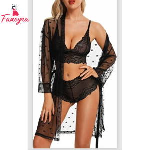 Fancyra Women Lingerie 3 Piece Set Lace Kimono Robe with Bra Panty Sheer Sleepwear