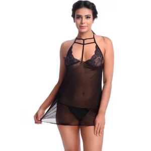 Fancyra Women Lingerie Babydoll Nightwear With G String Panty Black Color Free Size
