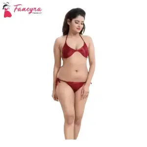 Fancyra Women Lingerie Bra Panty Bikini Set With Thread Free Size Maroon Color