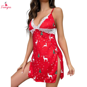 Fancyra Women Lingerie Christmas Satin Silk Nightdress Lace Babydoll Chemise Lingerie