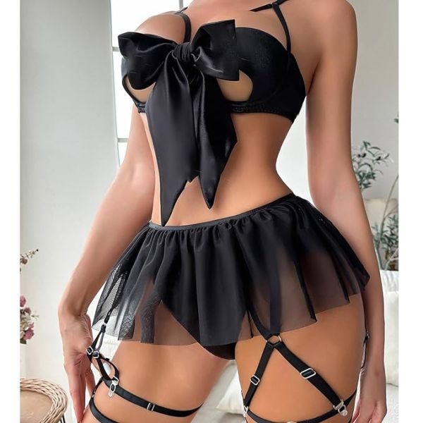 Fancyra Women Lingerie Hollow Out Bra Thong Set With Garter Belts and Removable Choker - Image 3