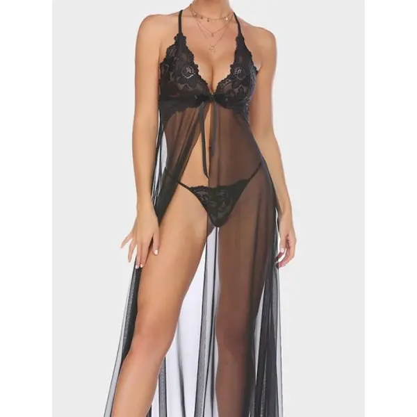 Fancyra Women Lingerie Lace Babydoll High Split Maxi Long Gown Nightdress - Image 4