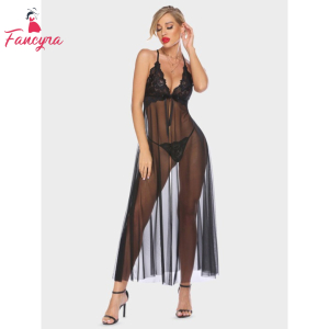 Fancyra Women Lingerie Lace Babydoll High Split Maxi Long Gown Nightdress