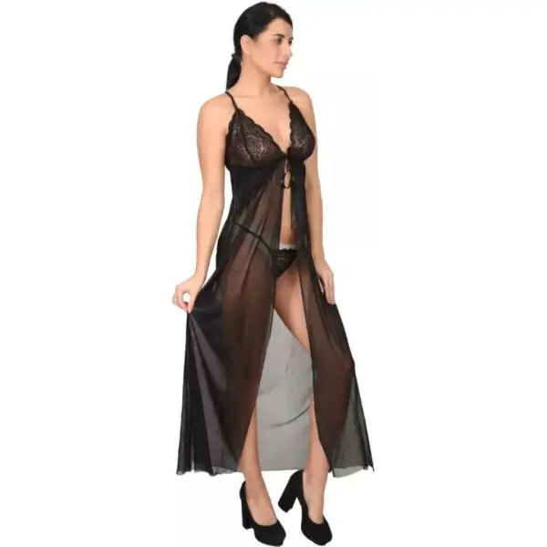 Fancyra Women Lingerie Lace Babydoll High Split Maxi Long Gown Nightdress With G String Panty Free Size - Image 2