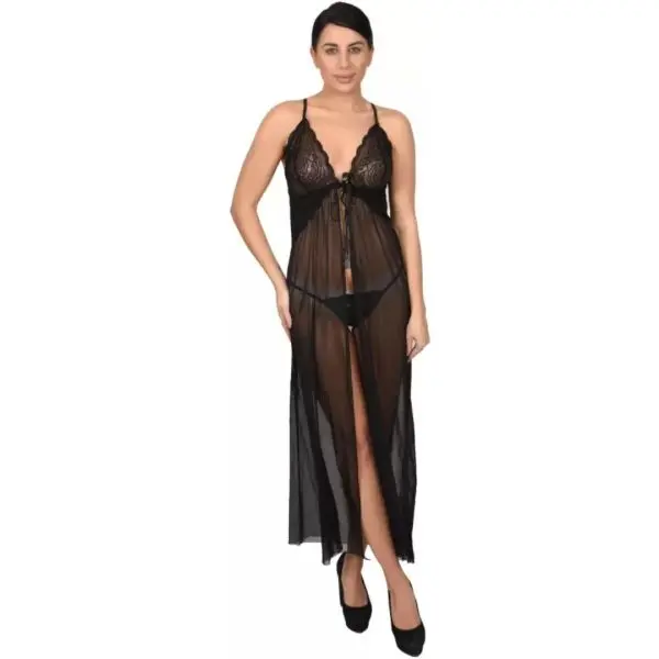 Fancyra Women Lingerie Lace Babydoll High Split Maxi Long Gown Nightdress With G String Panty Free Size - Image 3