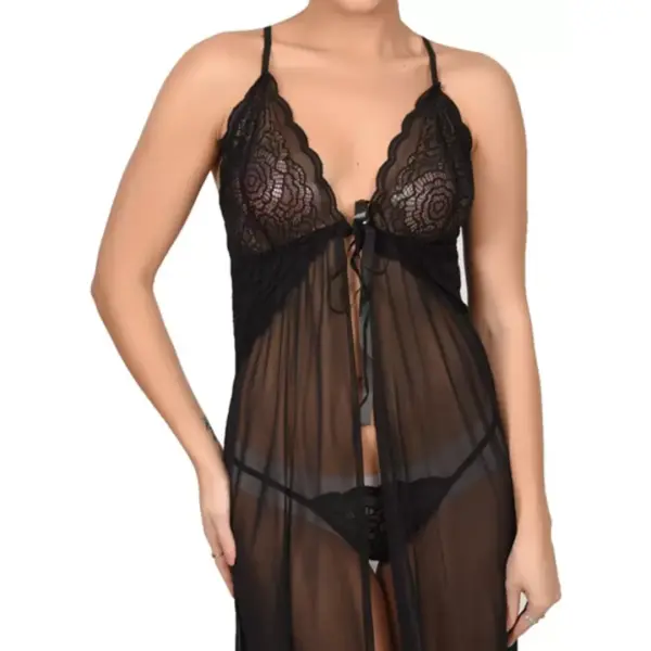 Fancyra Women Lingerie Lace Babydoll High Split Maxi Long Gown Nightdress With G String Panty Free Size - Image 4