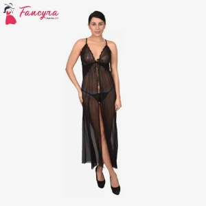 Fancyra Women Lingerie Lace Babydoll High Split Maxi Long Gown Nightdress With G String Panty Free Size