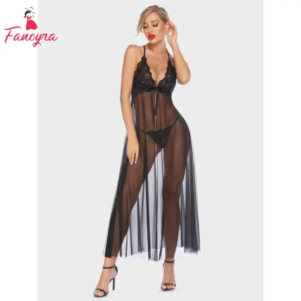 Fancyra Women Lingerie Lace Babydoll High Split Maxi Long Gown Nightdress