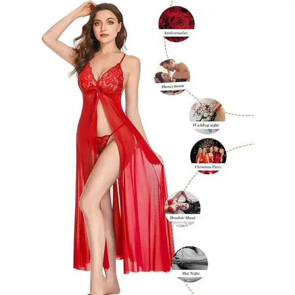 Fancyra Women Lingerie Lace Babydoll High Split Maxi Long Gown Nightwear - Image 2