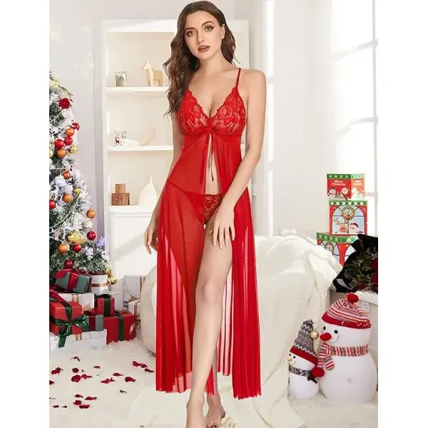 Fancyra Women Lingerie Lace Babydoll High Split Maxi Long Gown Nightwear - Image 3