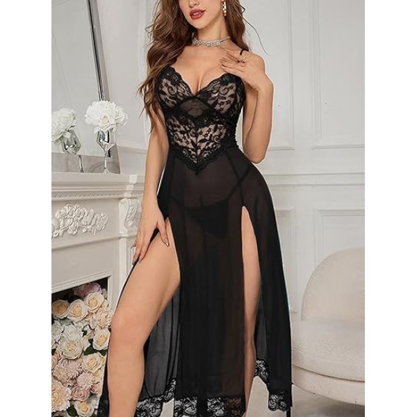 Fancyra Women Lingerie Lace Babydoll High Split Maxi Long Gown Nighty - Image 2