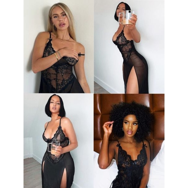Fancyra Women Lingerie Lace Babydoll High Split Maxi Long Gown Nighty - Image 4