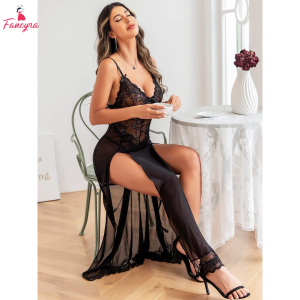 Fancyra Women Lingerie Lace Babydoll High Split Maxi Long Gown Nighty