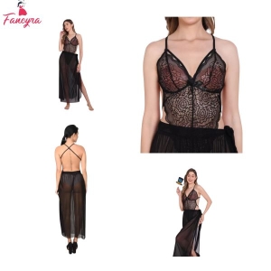 Fancyra Women Lingerie Lace Babydoll High Split Maxi Long Gown V Neck Mesh Sleepwear Babydoll