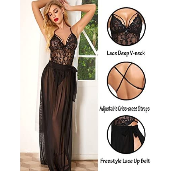 Fancyra Women Lingerie Lace Babydoll High Split Maxi Long Gown V Neck Mesh Sleepwear Free Size Black Color - Image 2